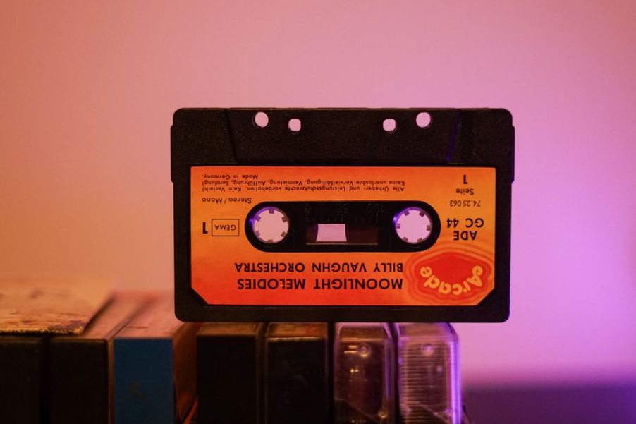 Cassette marked MONO resting among others on a shelf