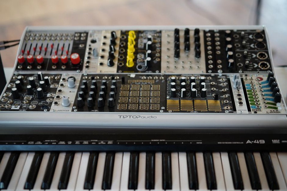 Closeup of a modular synthesizer with patch cables