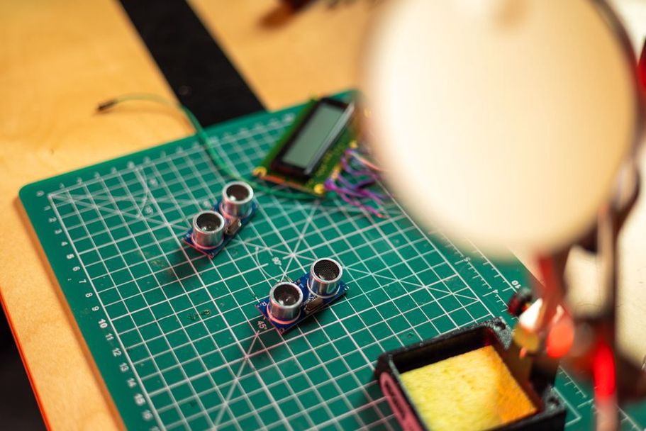 A hand-built circuit with patch leads and controls
