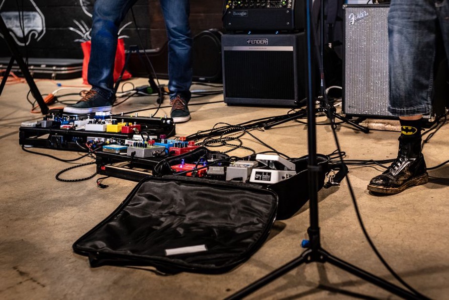 Effects pedals set up for a live performance