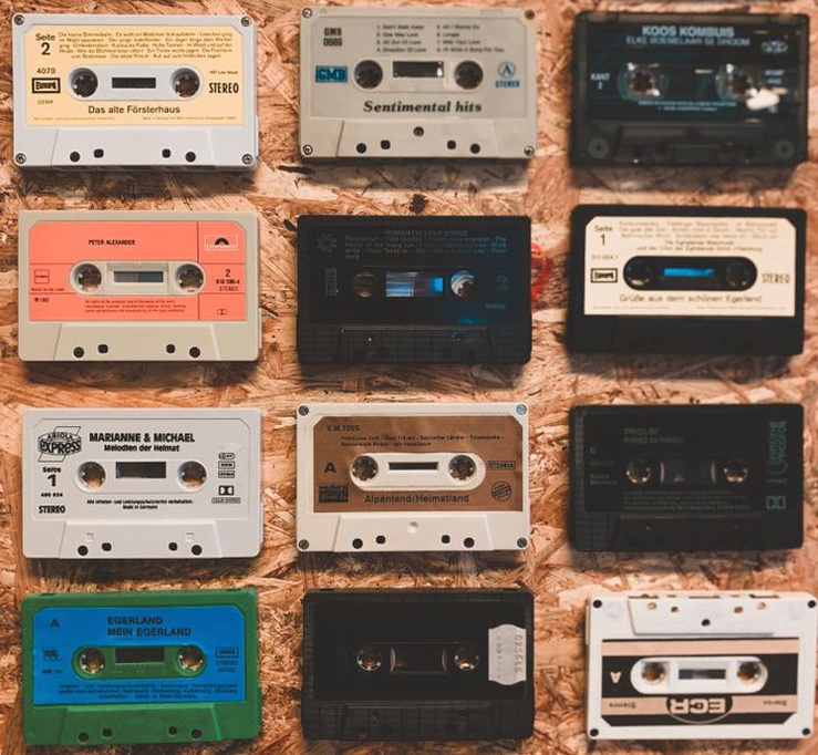 A collection of Japanese noise music cassette tapes on display