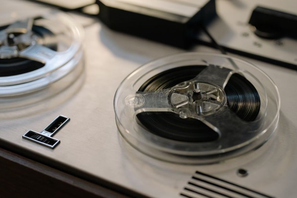 Tape reels and controls in an electronic music studio